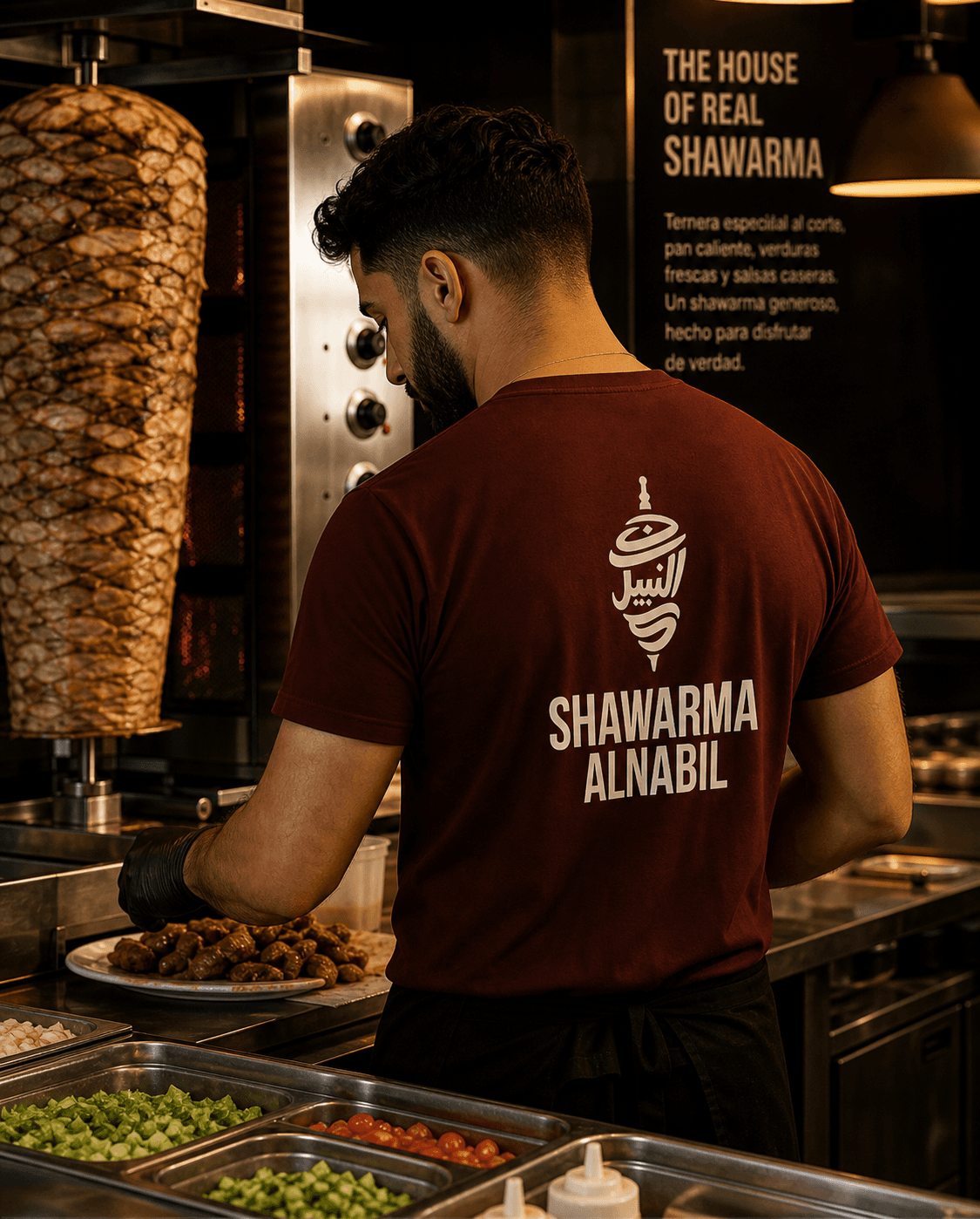 Cocinero preparando shawarma de ternera en Shawarma AlNabil